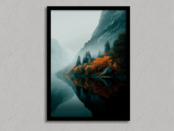 Framed wall art of a glowing autumn forest path in fiery orange and crimson tones. A warm, seasonal woodland print. Ready to hang.