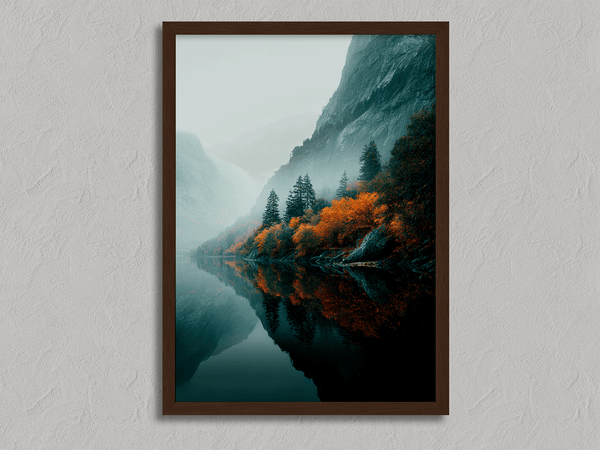 Framed wall art of a glowing autumn forest path in fiery orange and crimson tones. A warm, seasonal woodland print. Ready to hang.