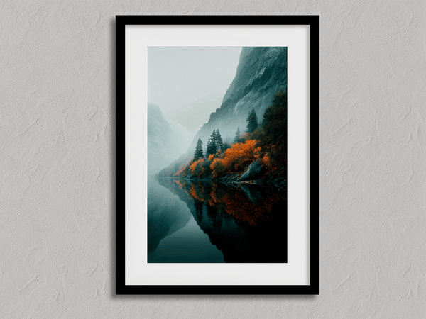 Framed wall art of a glowing autumn forest path in fiery orange and crimson tones. A warm, seasonal woodland print. Ready to hang.