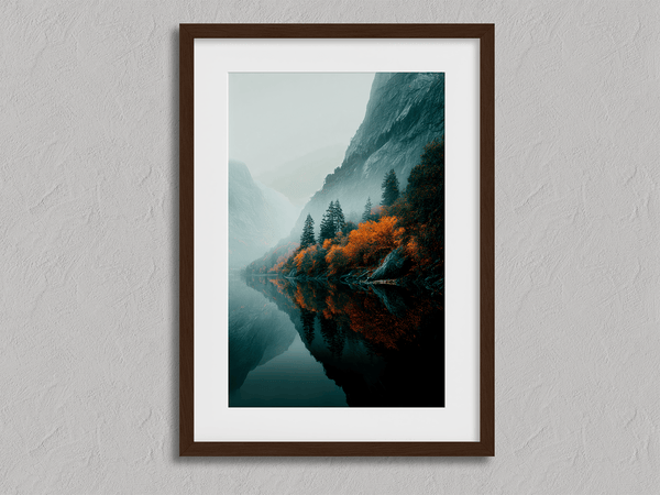 Framed wall art of a glowing autumn forest path in fiery orange and crimson tones. A warm, seasonal woodland print. Ready to hang.