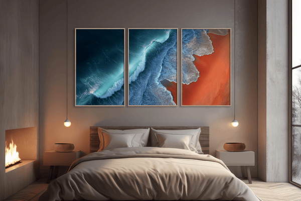Coastal triptych framed wall art of teal waves and sienna sands. Framed or unframed ocean prints for serene, modern interiors.