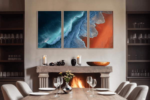 Coastal triptych framed wall art of teal waves and sienna sands. Framed or unframed ocean prints for serene, modern interiors.
