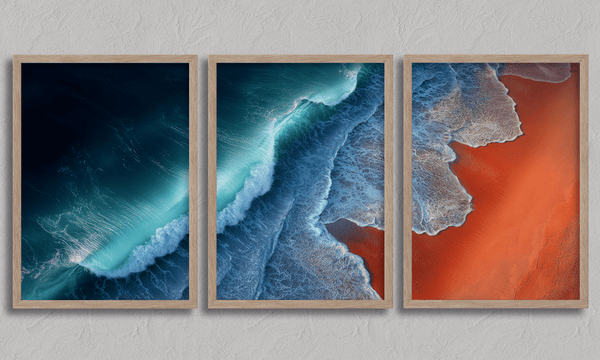 Coastal triptych framed wall art of teal waves and sienna sands. Framed or unframed ocean prints for serene, modern interiors.