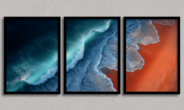 Coastal triptych framed wall art of teal waves and sienna sands. Framed or unframed ocean prints for serene, modern interiors.