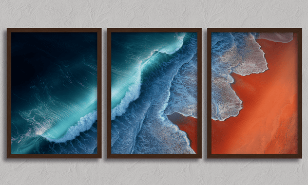 Coastal triptych framed wall art of teal waves and sienna sands. Framed or unframed ocean prints for serene, modern interiors.