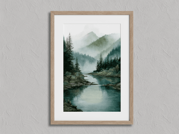 Atelier Lumin framed fine art print of a misty river and mountain scene. Soft hues and peaceful tones bring calm to any space. Ready to hang.