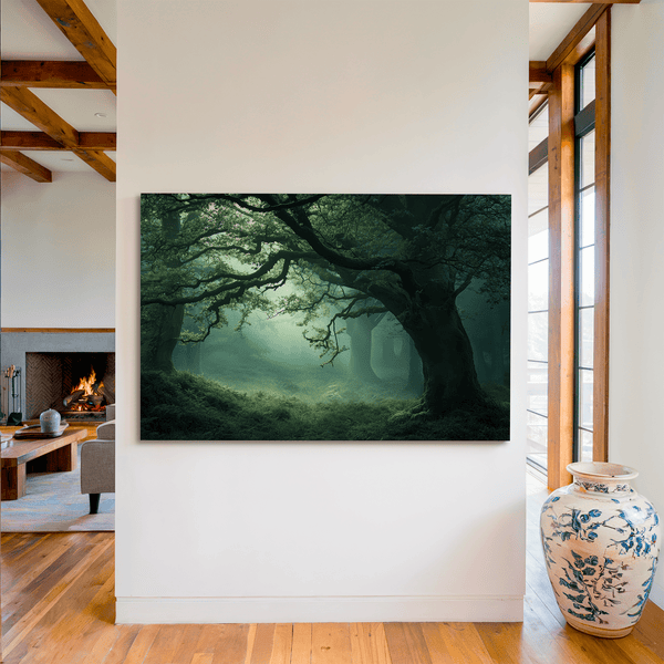 Framed canvas wall art of a mossy, mist-covered forest. Ethereal and calming. Ready to hang.