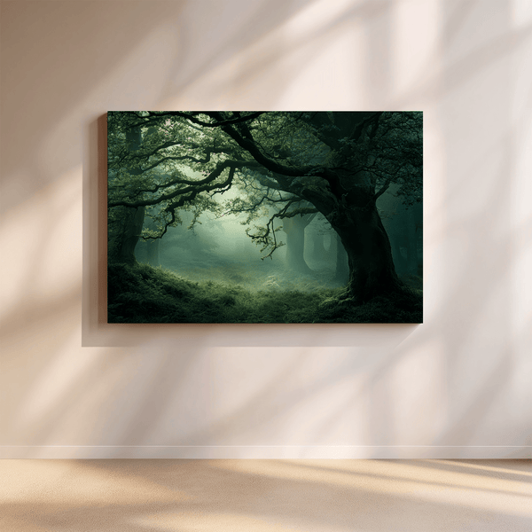 Framed canvas wall art of a mossy, mist-covered forest. Ethereal and calming. Ready to hang.