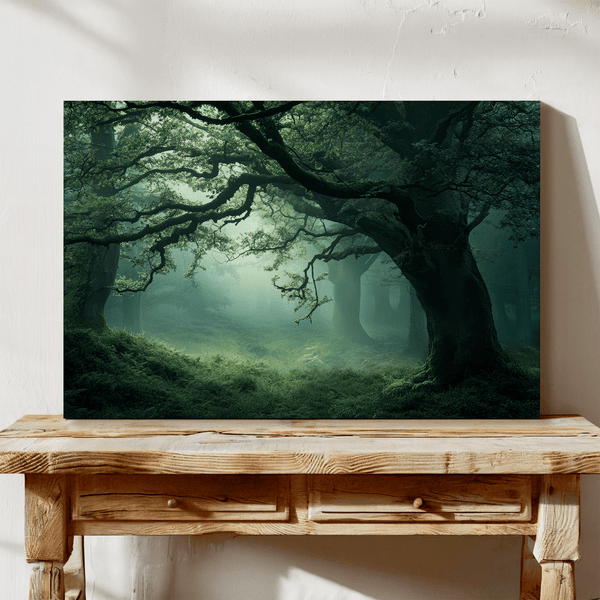 Framed canvas wall art of a mossy, mist-covered forest. Ethereal and calming. Ready to hang.