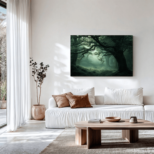 Framed canvas wall art of a mossy, mist-covered forest. Ethereal and calming. Ready to hang.