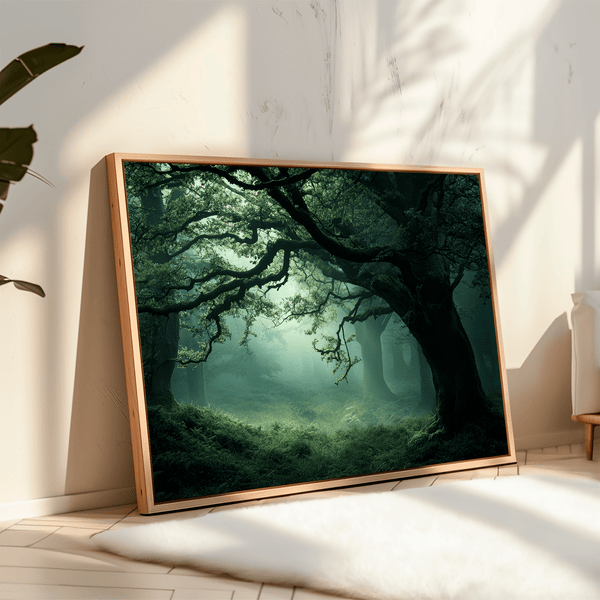 Framed canvas wall art of a mossy, mist-covered forest. Ethereal and calming. Ready to hang.