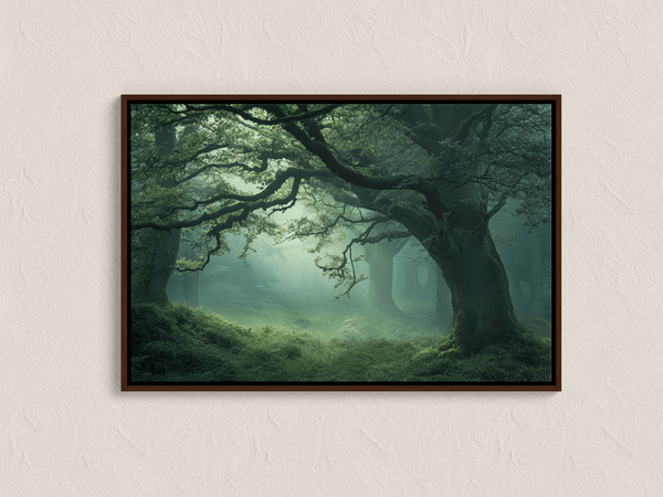 Framed canvas wall art of a mossy, mist-covered forest. Ethereal and calming. Ready to hang.
