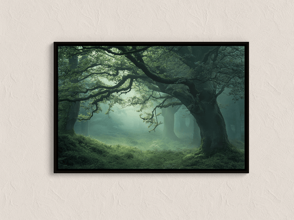 Framed canvas wall art of a mossy, mist-covered forest. Ethereal and calming. Ready to hang.