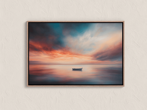 Framed canvas wall art of a glowing sunset and solitary boat. A calm seascape in warm hues, ready to hang.