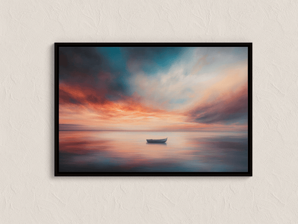Framed canvas wall art of a glowing sunset and solitary boat. A calm seascape in warm hues, ready to hang.