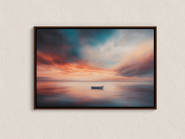 Framed canvas wall art of a glowing sunset and solitary boat. A calm seascape in warm hues, ready to hang.