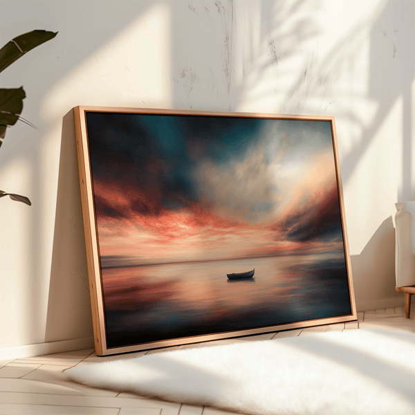 Framed canvas wall art of a glowing sunset and solitary boat. A calm seascape in warm hues, ready to hang.