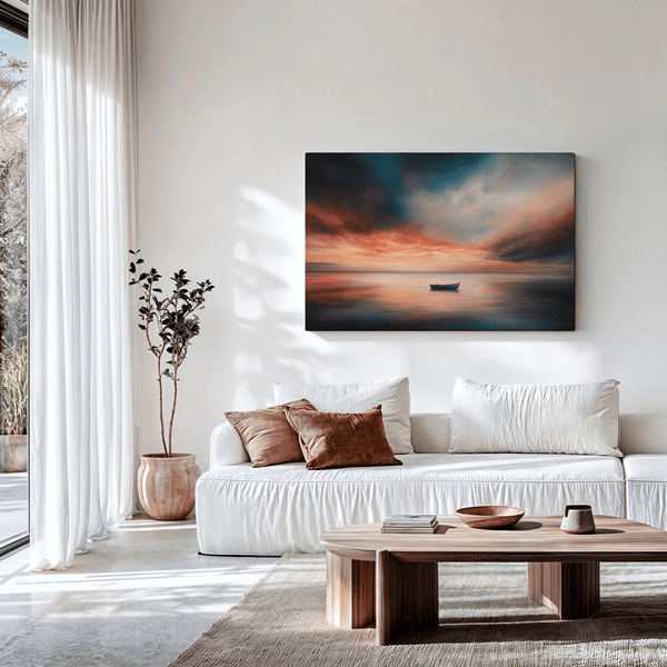 Framed canvas wall art of a glowing sunset and solitary boat. A calm seascape in warm hues, ready to hang.