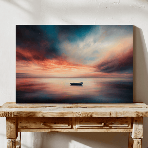 Framed canvas wall art of a glowing sunset and solitary boat. A calm seascape in warm hues, ready to hang.