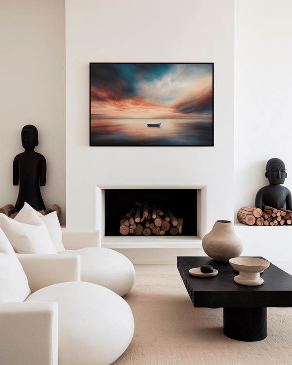 Framed canvas wall art of a glowing sunset and solitary boat. A calm seascape in warm hues, ready to hang.