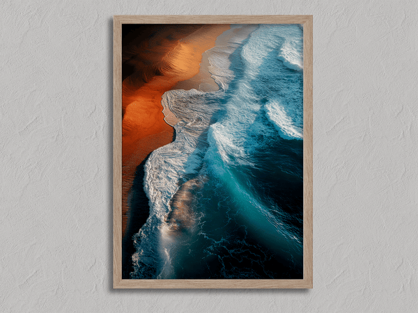 Framed coastal ocean print with teal waves and warm sands. A tranquil, gallery-quality wall art piece. Ready to hang