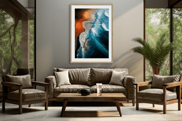 Framed coastal ocean print with teal waves and warm sands. A tranquil, gallery-quality wall art piece. Ready to hang