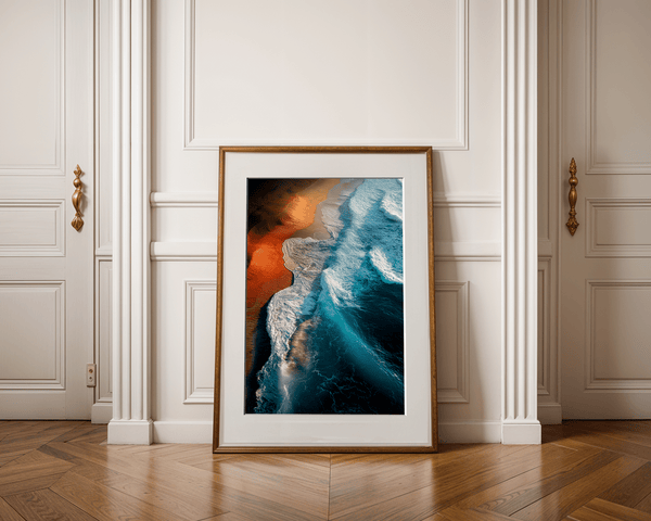 Framed coastal ocean print with teal waves and warm sands. A tranquil, gallery-quality wall art piece. Ready to hang