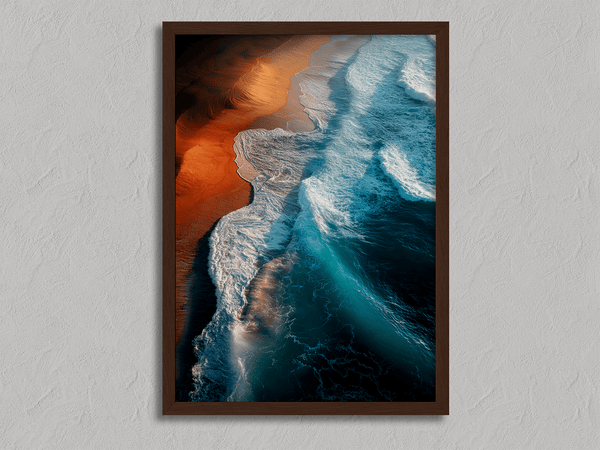 Framed coastal ocean print with teal waves and warm sands. A tranquil, gallery-quality wall art piece. Ready to hang
