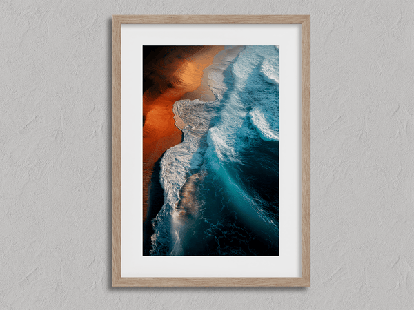 Framed coastal ocean print with teal waves and warm sands. A tranquil, gallery-quality wall art piece. Ready to hang