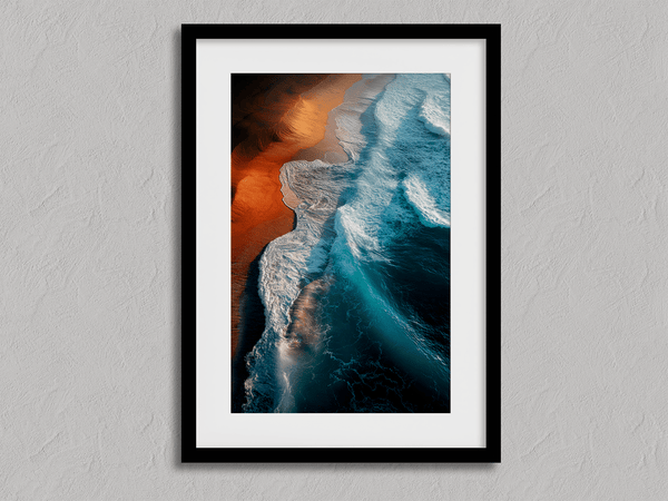 Framed coastal ocean print with teal waves and warm sands. A tranquil, gallery-quality wall art piece. Ready to hang