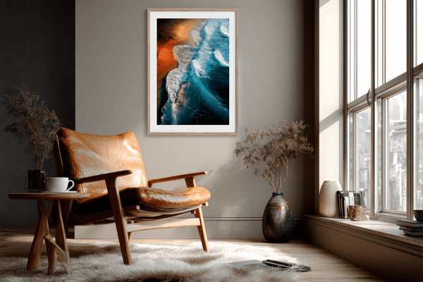 Framed coastal ocean print with teal waves and warm sands. A tranquil, gallery-quality wall art piece. Ready to hang