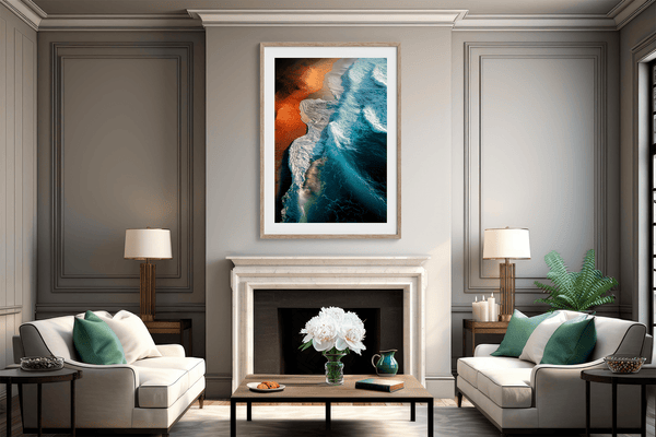 Framed coastal ocean print with teal waves and warm sands. A tranquil, gallery-quality wall art piece. Ready to hang