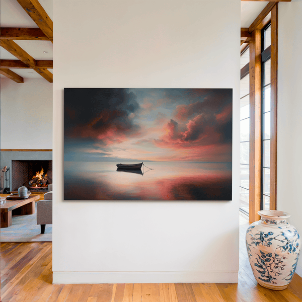 Canvas wall art of a lone boat on calm twilight seas. Soft blues and warm oranges create a peaceful ocean print, ready to hang.