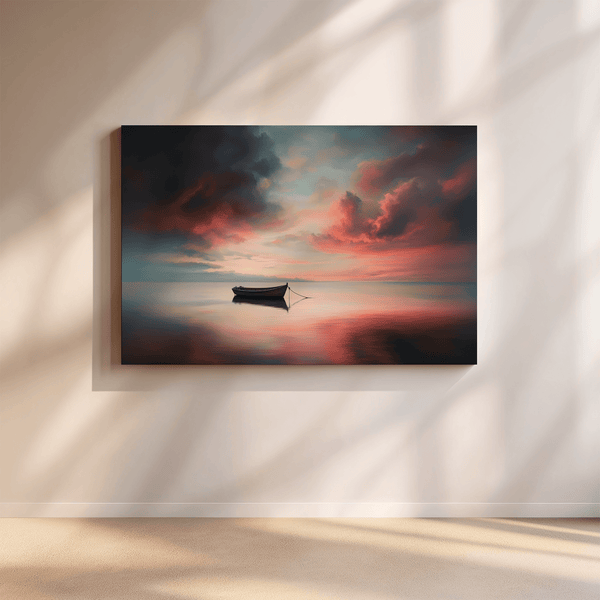 Canvas wall art of a lone boat on calm twilight seas. Soft blues and warm oranges create a peaceful ocean print, ready to hang.