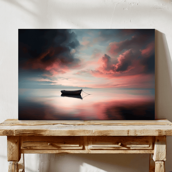 Canvas wall art of a lone boat on calm twilight seas. Soft blues and warm oranges create a peaceful ocean print, ready to hang.