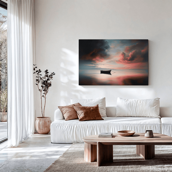 Canvas wall art of a lone boat on calm twilight seas. Soft blues and warm oranges create a peaceful ocean print, ready to hang.
