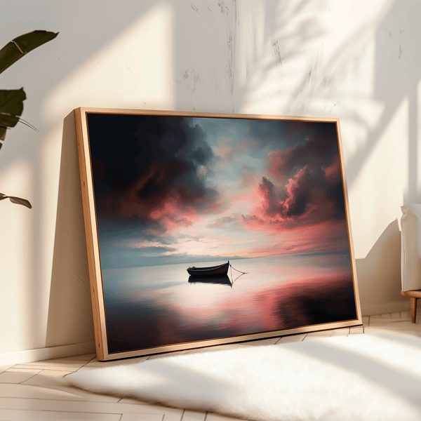 Canvas wall art of a lone boat on calm twilight seas. Soft blues and warm oranges create a peaceful ocean print, ready to hang.