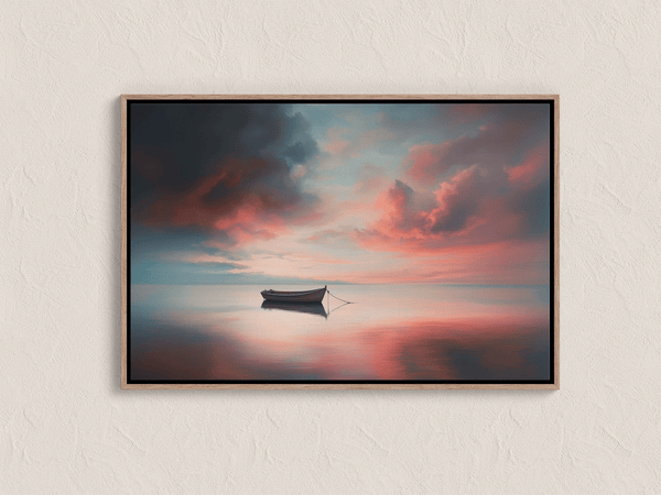 Canvas wall art of a lone boat on calm twilight seas. Soft blues and warm oranges create a peaceful ocean print, ready to hang.