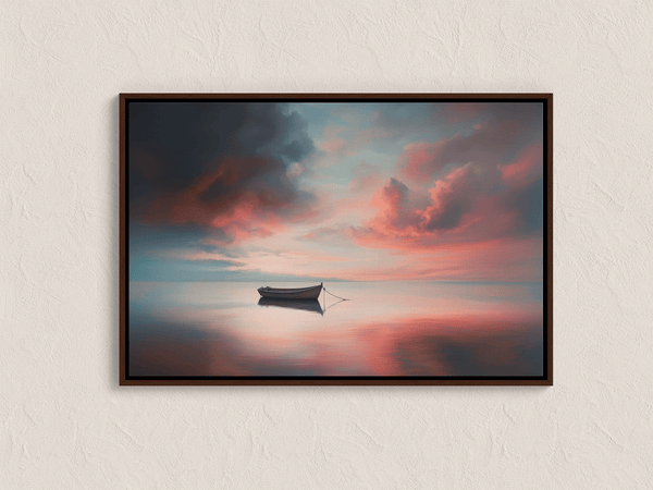 Canvas wall art of a lone boat on calm twilight seas. Soft blues and warm oranges create a peaceful ocean print, ready to hang.