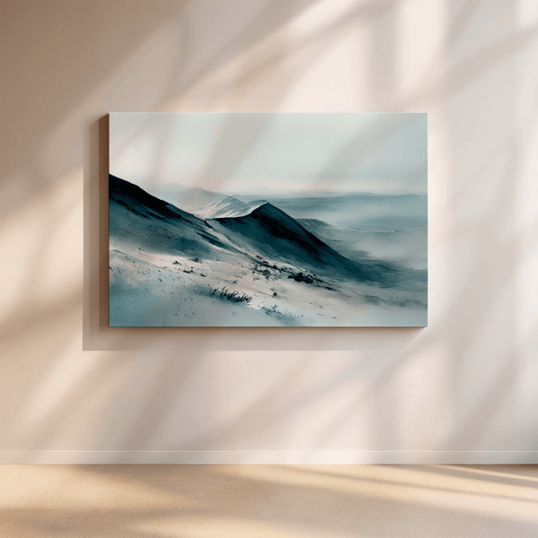Framed canvas wall art of snowy peaks in soft watercolour blues and greys. A calm, minimalist mountain print. Ready to hang.