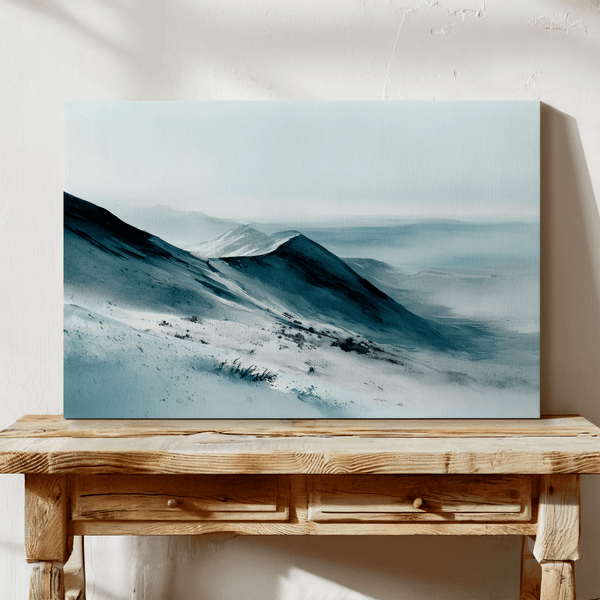 Framed canvas wall art of snowy peaks in soft watercolour blues and greys. A calm, minimalist mountain print. Ready to hang.