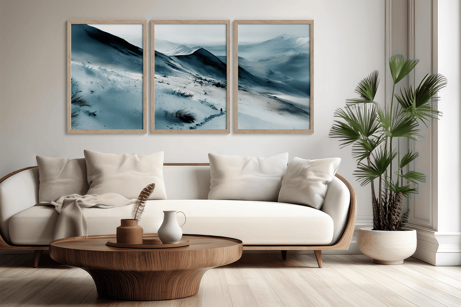 Serenity’s Peaks – Trittico di quadri da parete con montagne innevate