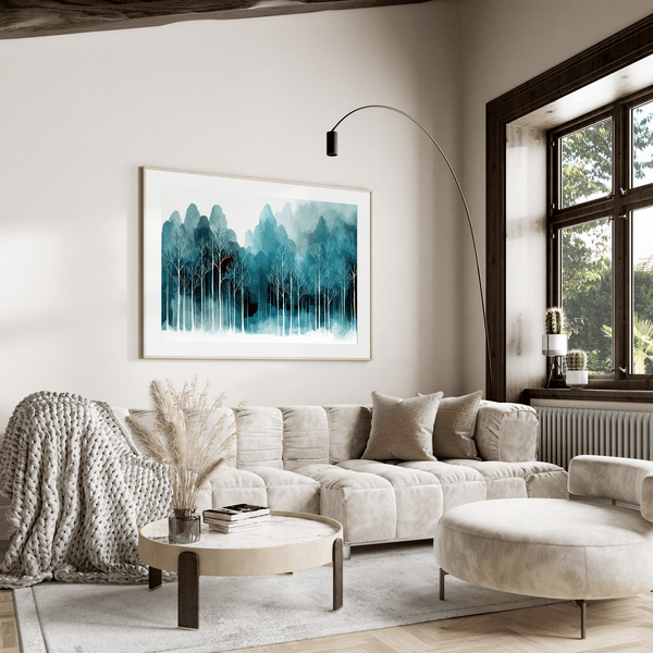 Framed wall art of stylised trees and soft hills. A calm, geometric composition for minimalist interiors. Ready to hang
