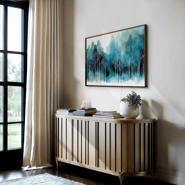 Framed wall art of stylised trees and soft hills. A calm, geometric composition for minimalist interiors. Ready to hang