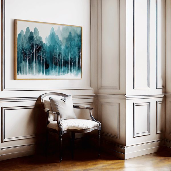 Framed wall art of stylised trees and soft hills. A calm, geometric composition for minimalist interiors. Ready to hang