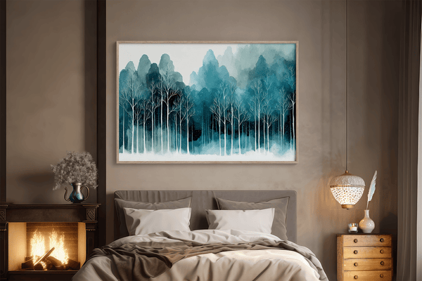 Framed wall art of stylised trees and soft hills. A calm, geometric composition for minimalist interiors. Ready to hang