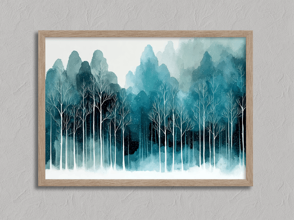 Framed wall art of stylised trees and soft hills. A calm, geometric composition for minimalist interiors. Ready to hang