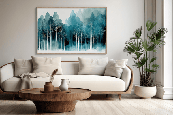 Framed wall art of stylised trees and soft hills. A calm, geometric composition for minimalist interiors. Ready to hang