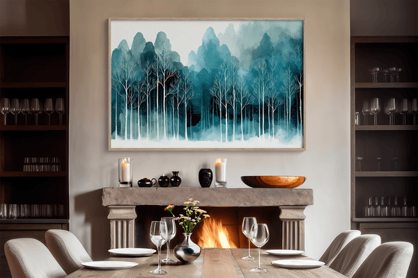 Framed wall art of stylised trees and soft hills. A calm, geometric composition for minimalist interiors. Ready to hang