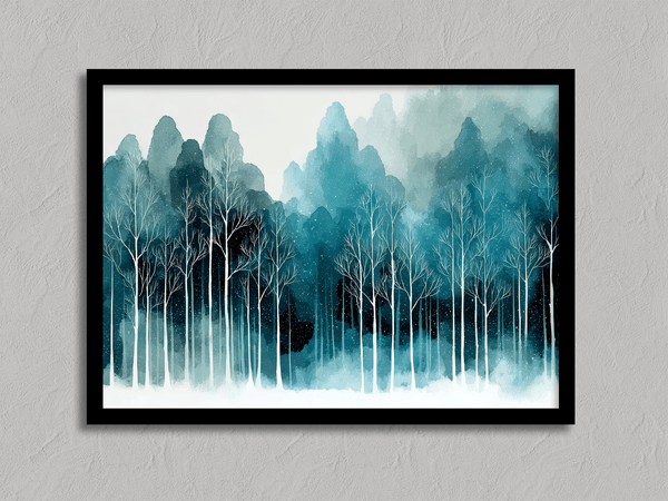 Framed wall art of stylised trees and soft hills. A calm, geometric composition for minimalist interiors. Ready to hang